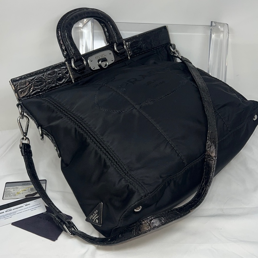 PRADA BLACK NYLON JACQUARD CROCODILE TRIM LARGE SHOPPING SHOULDER BAG
